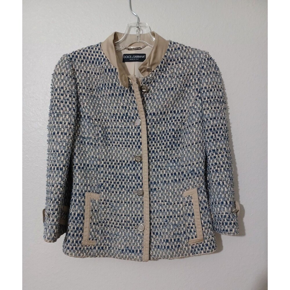 Dolce & Gabanna Blue & Gold Boucle Tweed Blazer Size IT 40 Made In Italy